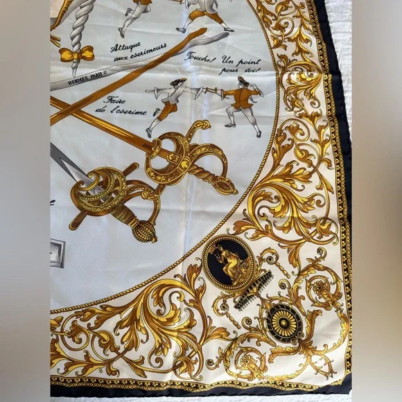 Hermes Carre 90 Traite des Arms Black Gold and White Silk Scarf with COA - Picture 6 of 12
